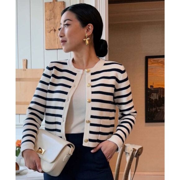J. Crew Emilie Sweater Cardigan Lady Jacket Navy Stripe Size XS - Picture 3 of 10
